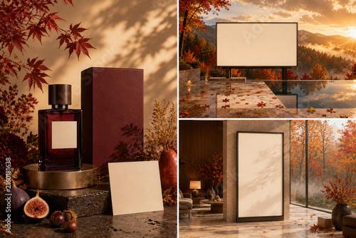 Warm autumn light bathes a luxury fragrance setup