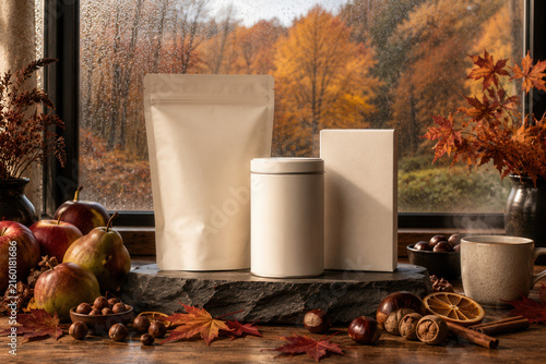 Autumn leaves frame a warm, inviting window view
