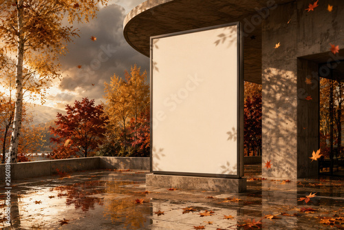 Autumn leaves drift softly over wet stone pavement