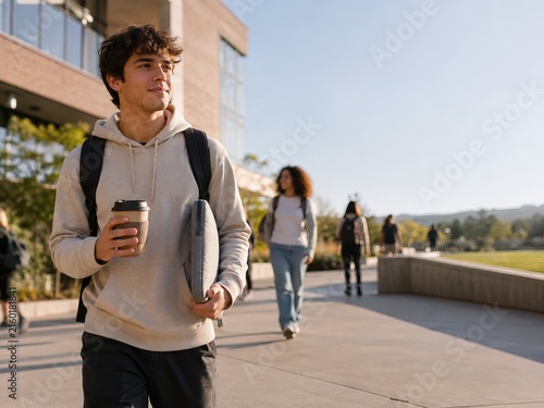 Confident college student with backpack and coffee outdoors
