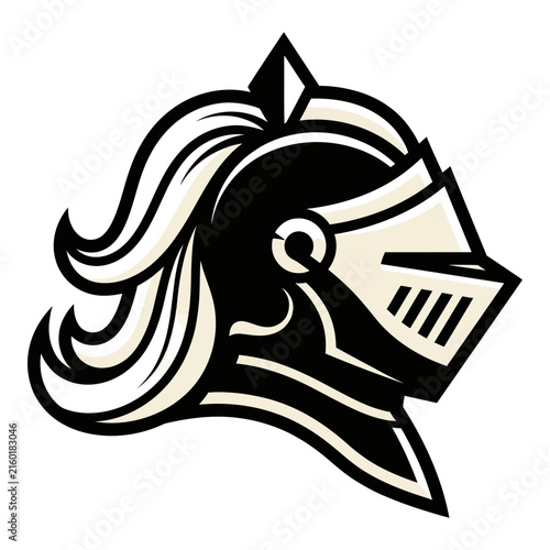 Knight helmet head side view black and white illustration