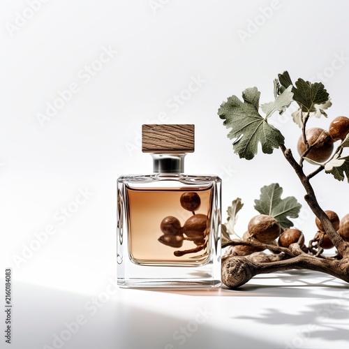 Transparent perfume bottle with a wooden cap on a white background