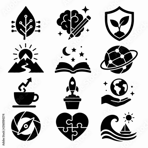 Minimalist black icons set, 12 creative conceptual symbols. Modern flat vector graphics for branding, education, and business web design.