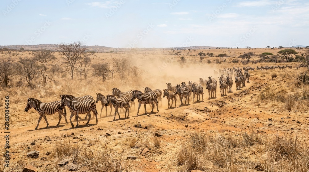 Naklejka premium Herd of zebras migrating across the dusty African savanna landscape