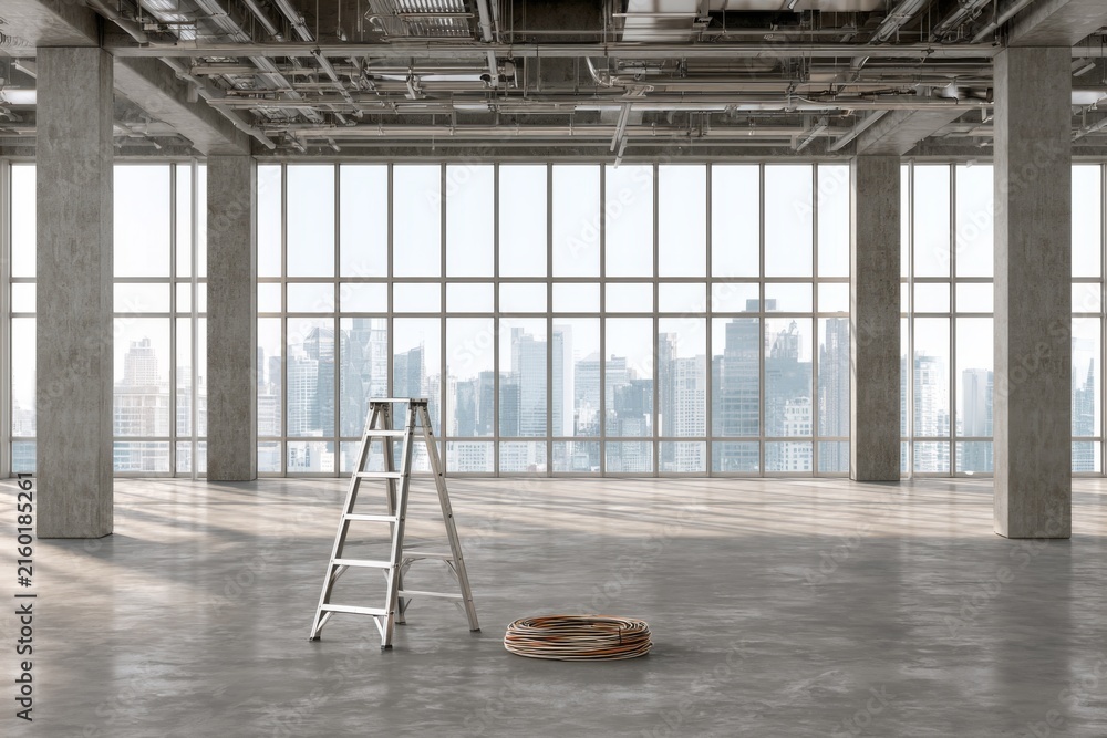 Fototapeta premium Empty industrial office interior with ladder cable exposed ceiling and panoramic city view
