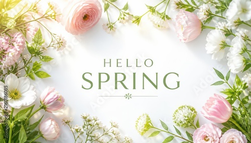 Pastel floral frame bordering elegant seasonal greeting text against bright white background for springtime celebrations with displays delicate arrangement