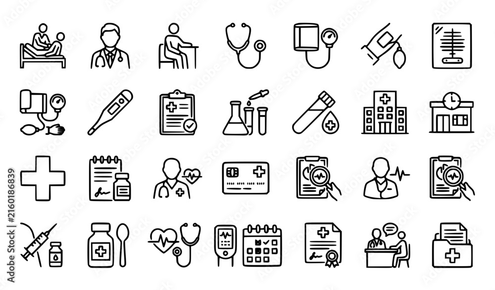 Fototapeta premium Health checkup medical line icon set with healthcare diagnosis hospital and insurance symbols