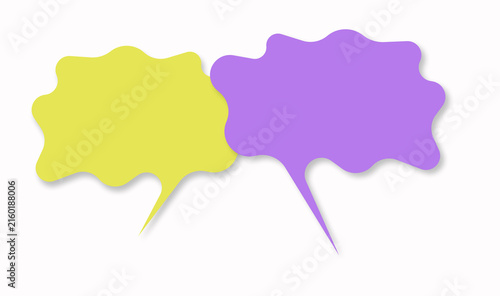 Two overlapping speech bubbles a light yellow one on the left and a light purple one on the right with wavy edges and pointed tails, placed on a clean white background.
