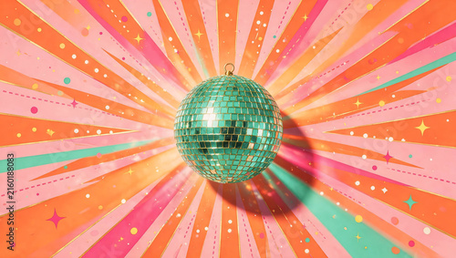 A turquoise mirrored disco ball dominates a vibrant retro backdrop of pink, orange, and green radial rays with playful decorative details.
