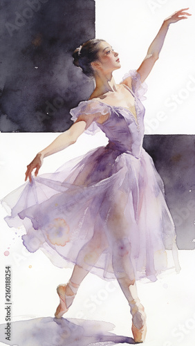 Graceful dancer twirls in a soft purple gown, capturing the elegance of ballet in an artistic watercolor style