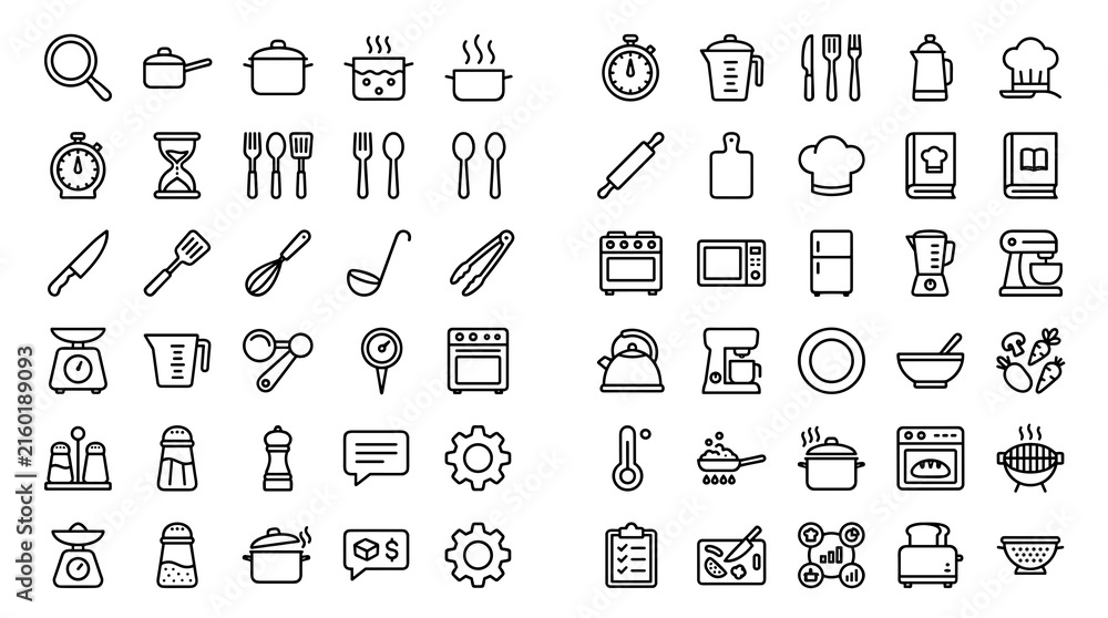 Obraz premium Cooking and Kitchen Editable Line Icon Set with Utensils, Recipes, Frying, Boiling, Cooking Time, Settings, and Food Preparation Symbols