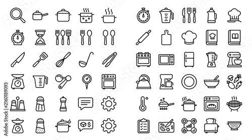 Foto Cooking and Kitchen Editable Line Icon Set with Utensils, Recipes, Frying, Boili