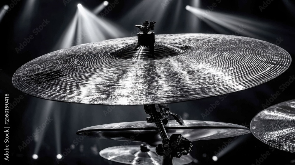 Obraz premium Polished steel ride cymbal with subtle hammer marks, illuminated by stage lights