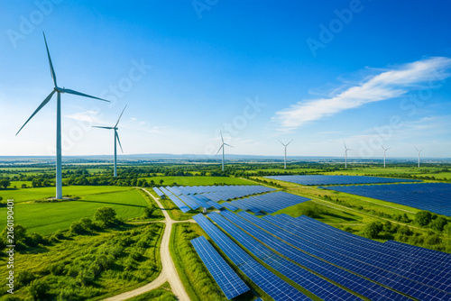 Foto Aerial view of solar panels and wind turbines in a green field, representing clean and renewable energy