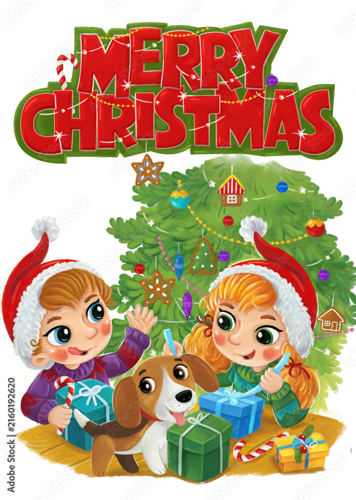 Fototapeta premium cartoon scene with kid with a dog on winter day with presents on merry christmas room scene illustration for kids