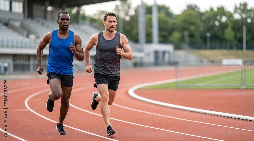 Fototapeta premium Two male athletes running and competing on a professional outdoor stadium running track