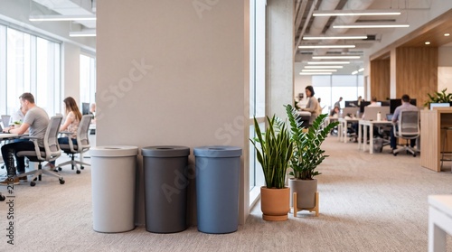 Open plan office with simple recycling bins