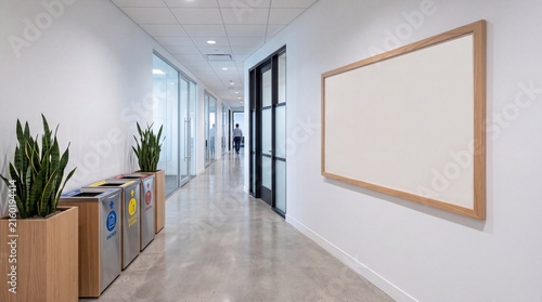 Minimal office corridor with waste sorting station