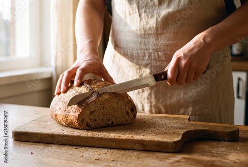 Hands slicing a fresh sourdough loaf at a kitchen table