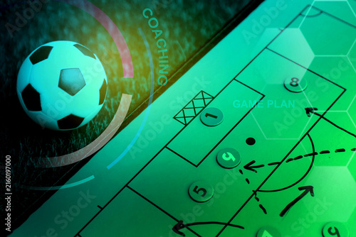 Football tactical strategy and coaching concept, with coaches analyzing formations, game plans, and team performance to develop a winning strategy