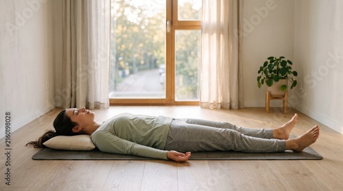 Horizontal photo of a calm young woman lying on a yoga mat with a small pillow near a window in a cozy room