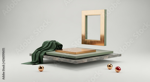 Modern gold framed mirror with green blanket and decorative balls