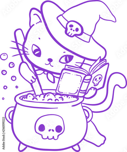 Cute Halloween Black Kitten Witch Cat Brewing a Magic Potion. Cartoon Line art Hand Drawn Doodle