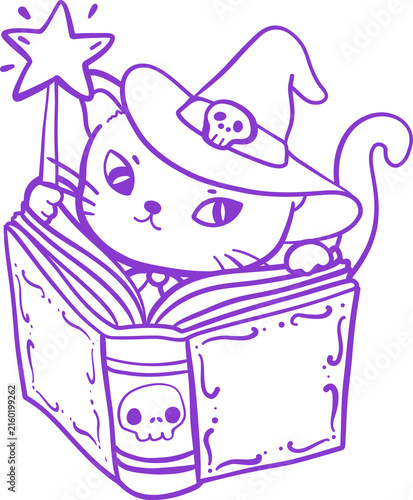 Black Kitten Witch Cat with Magic Spellbook. Cute Cartoon Halloween Line art Hand Drawn Doodle