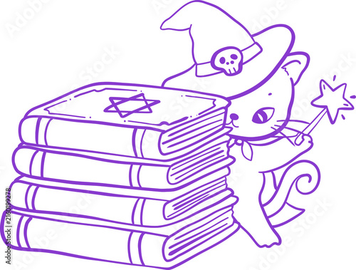 Black Kitten Witch Cat Hiding Behind Magic Books. Cute Cartoon Halloween Line art Hand Drawn Doodle
