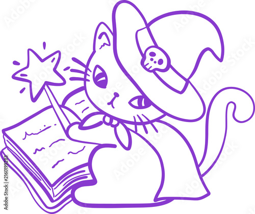 Cute Halloween Black Kitten Witch Cat Casting a Magic Spell. Cartoon Line art Hand Drawn Doodle