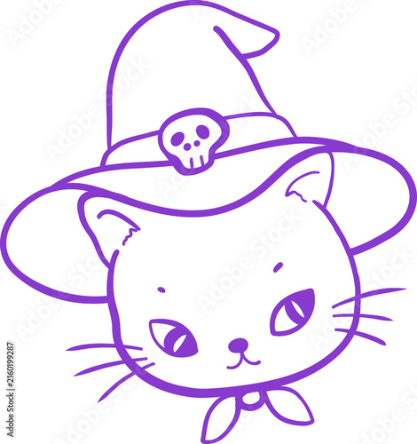 Cute Halloween Black Kitten Witch Cat Wearing Purple Witch Hat. Cartoon Line art Hand Drawn Doodle