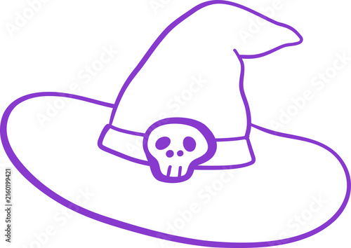 Purple Witch Hat with Skull Decoration and Stars. Cute Cartoon Halloween Line art Hand Drawn Doodle
