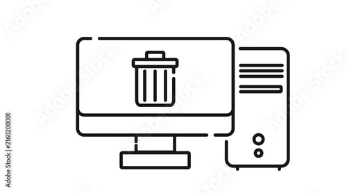 Desktop computer tower and monitor with trash can symbol on screen icon. Black line art style on white background. 