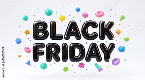 Black Friday Sale Promotion with Colorful 3D Geometric Shapes and Confetti