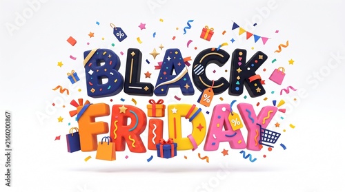 Black Friday Sale Celebration with Colorful Letters Confetti Gifts and Shopping Bags