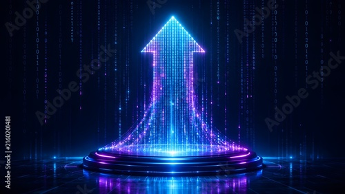 Dynamic upward arrow crafted from glowing binary code, symbolizing digital transformation, data-driven growth, and future technological progress in a vibrant abstract.