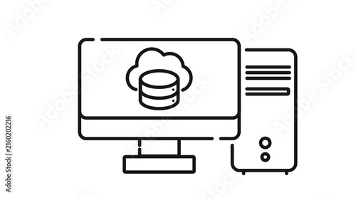 Desktop computer tower and monitor with cloud database cylinder symbol on screen icon.
