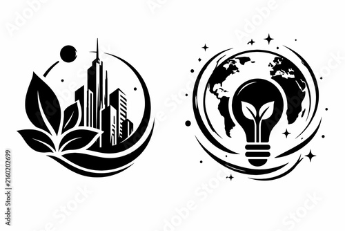 Sustainable city and green energy icons, eco-friendly urban development vector set, renewable energy lightbulb and earth globe graphics