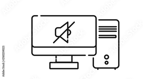 Desktop computer tower and monitor with mute sound symbol on screen icon. Black line art style on white background.