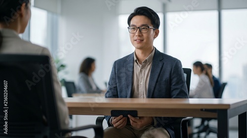 Young East Asian Professional with Desktop Sensory Fidget Strip, Corporate Project Kickoff Meeting, Focused Employee Attention, Medium Shot