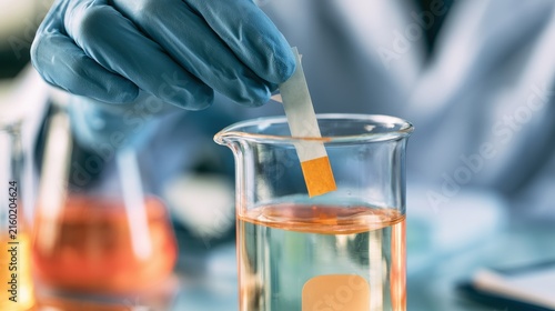 Laboratory technician conducts a test using a pH strip in a clear beaker filled with colored liquid to measure acidity or alkalinity in a scientific environment