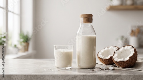 Fresh Coconut Milk with Natural Coconut Halves on Clean Kitchen Background