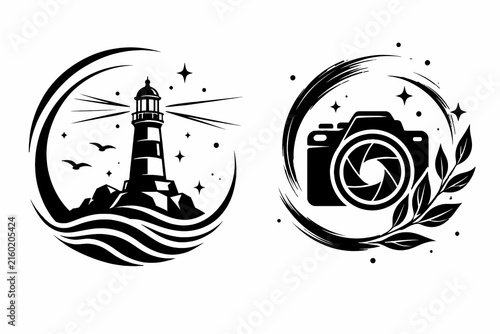 Minimalist lighthouse and camera logo set, black and white nautical and photography icons, 2 vector circular emblems for branding