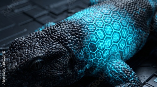 Futuristic lizard with glowing blue hexagonal patterns on its textured skin.