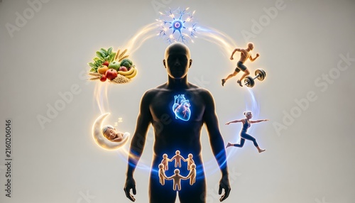Human silhouette centralizing biological wellness through glowing circular interconnected icons representing nutrition exercise sleep mental clarity and physical movement 