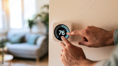 Person adjusting modern smart thermostat on wall in cozy living room setting with natural light and green plants for climate control and comfort