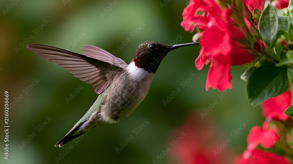 Naklejka premium A hummingbird hovers near bright red flowers its wings blurred by motion as it feeds on nectar