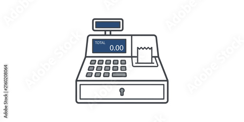 Cash register machine with receipt and digital display for commerce.