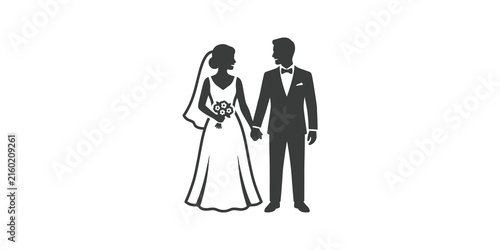 Cuadro en lienzo Wedding couple silhouette holding hands in elegant pose flat icon graphic