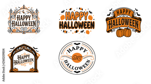Happy Halloween greeting text and symbols with pumpkins bats and swirls in orange and black perfect for seasonal decorations and party invitations.